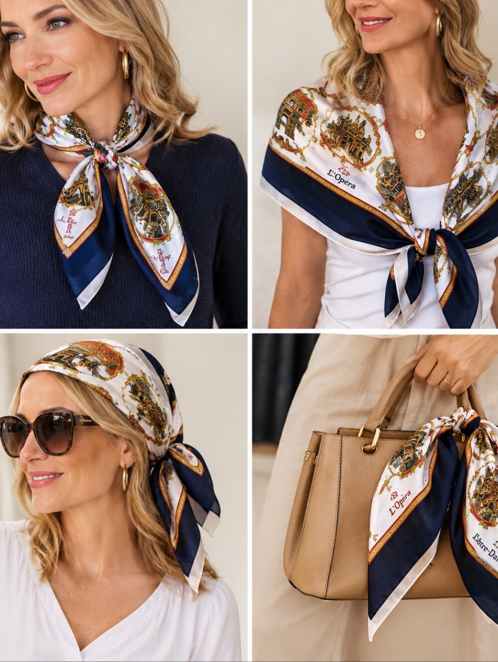 J Mico Sancho Paris Landmark Souvenir Scarf Blue Gold 40" Square